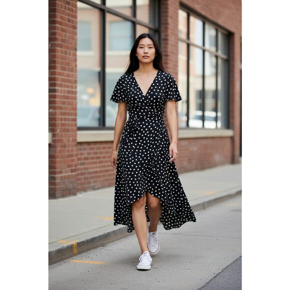 Worthington Dresses & Skirts - Worthington Faux Wrap Midi Dress Womens XL Black White Polka Dot V Neck High Low